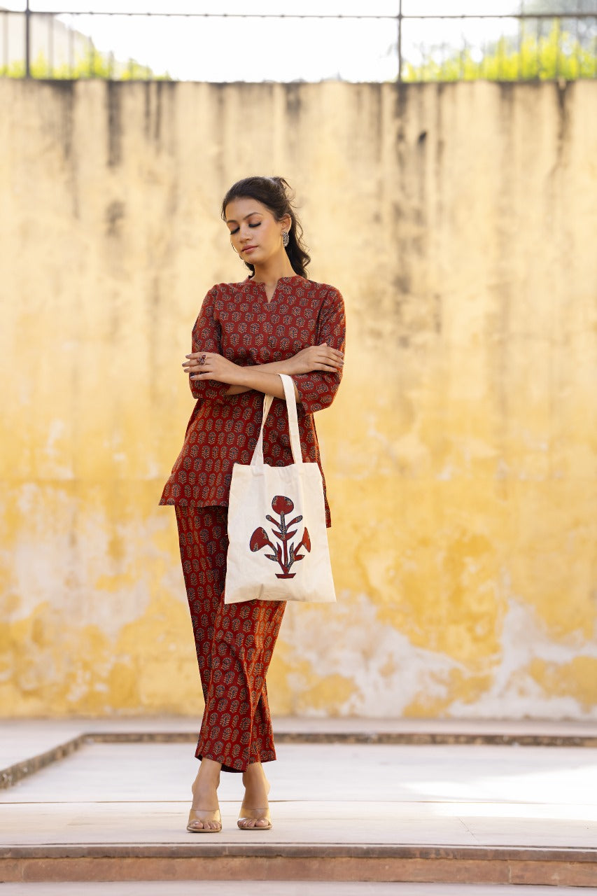 Rust mahroon pure ajrakh cotton two piece cordset with bag (P1520)