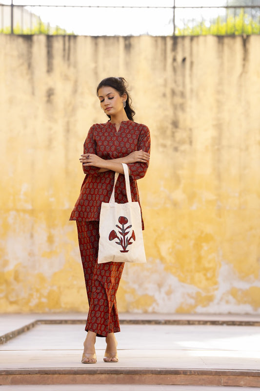 Rust mahroon pure ajrakh cotton two piece cordset with bag (P1520)