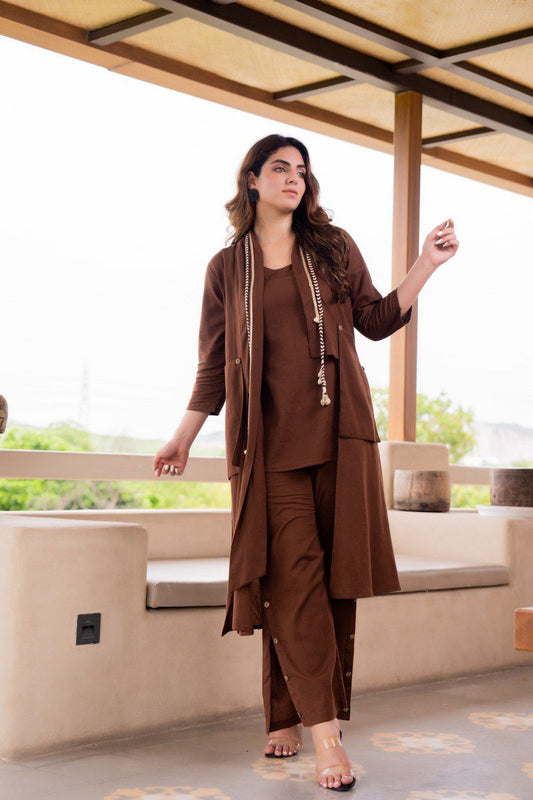 Brown cotton linen smart three piece cordset set (A893)