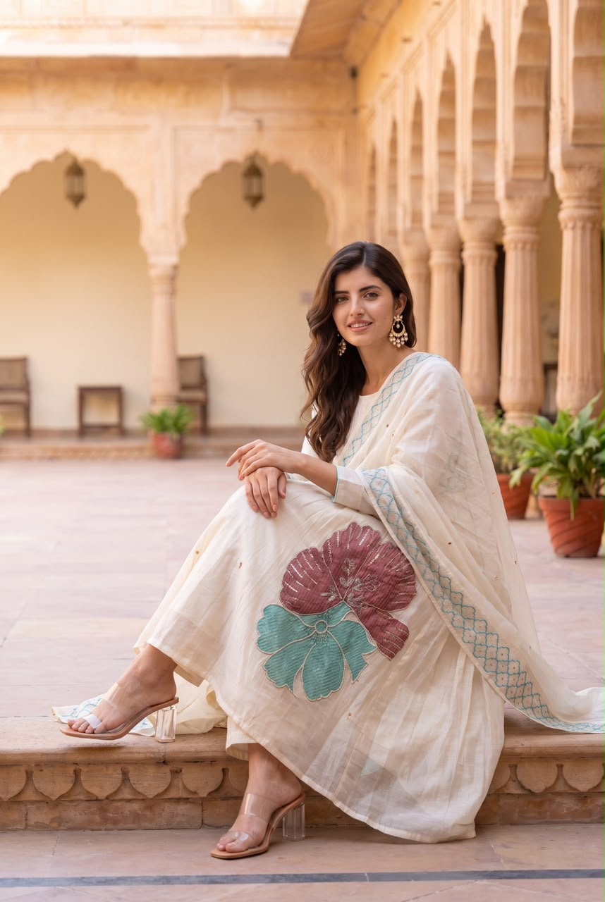 Pure mul chanderi with fully embroidered three piece set (C696)