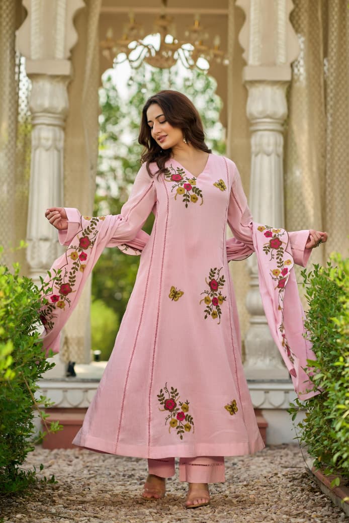 Crush cotton A line Fully embroidered with mul lining beautiful three piece set (S181)