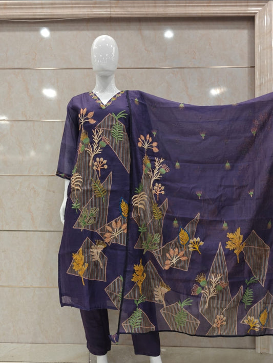 Chanderi with full katha work three piece set (B105)