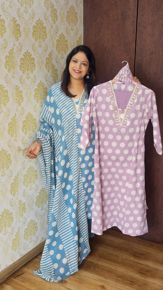 Lilac colour pure cotton polka dot three piece set (P2356)
