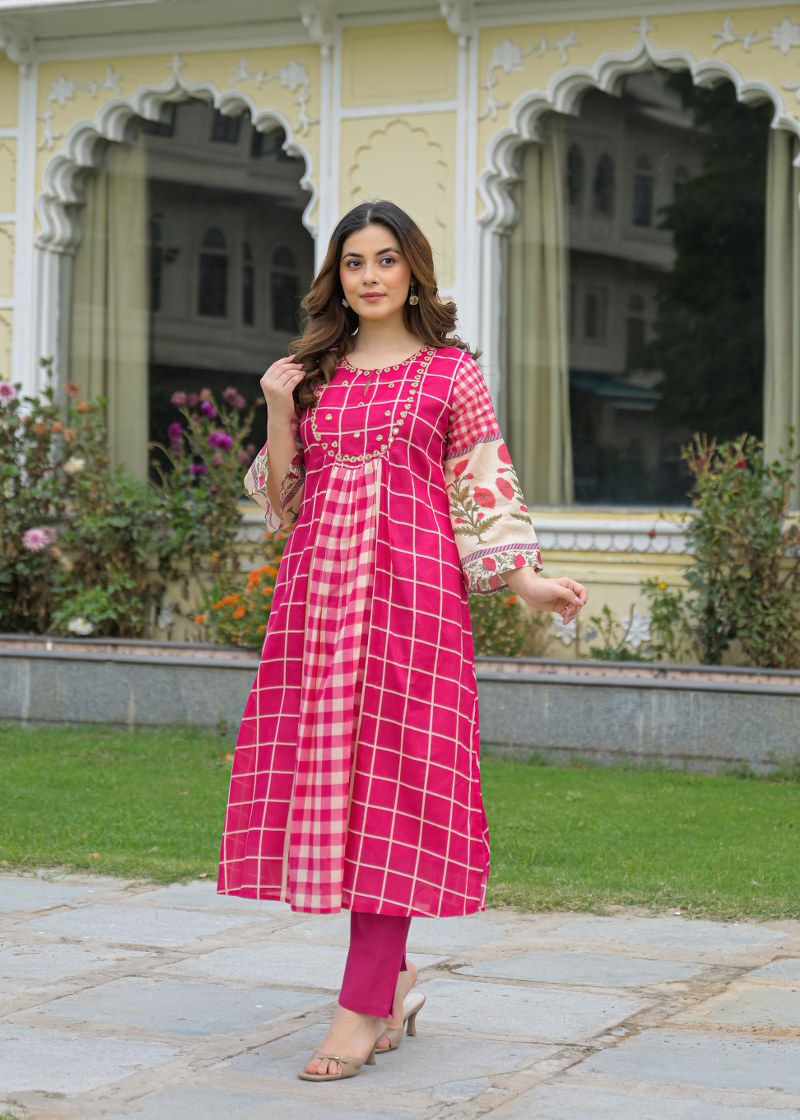Pink mul cotton with lining A line pattern smart two piece set (S134)
