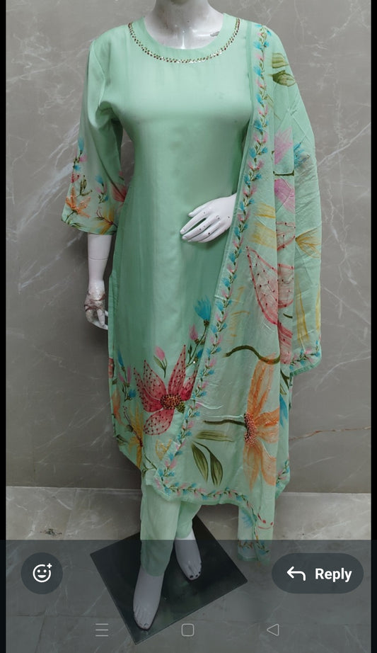 Pure mul chanderi with gitten work three piece set (B117)