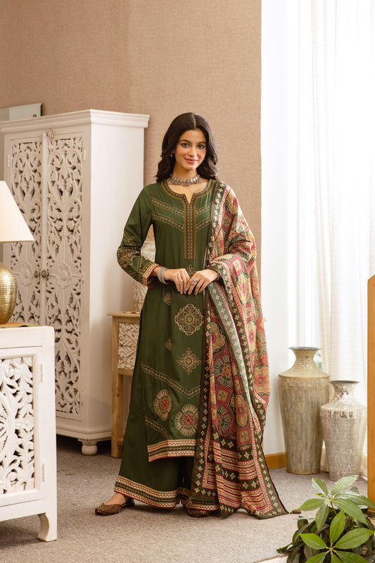 Cotton modal fully embroidered smart three piece set (B245)