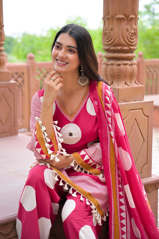 Pink pure cotton polka with farshi salwar smart three piece set (C290)