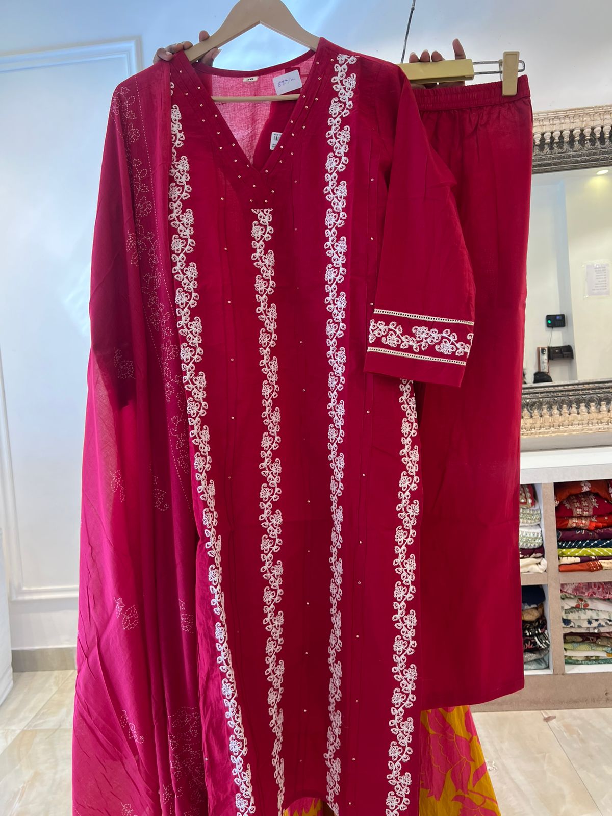 Bright pure cotton fully thread work three piece set (A996)