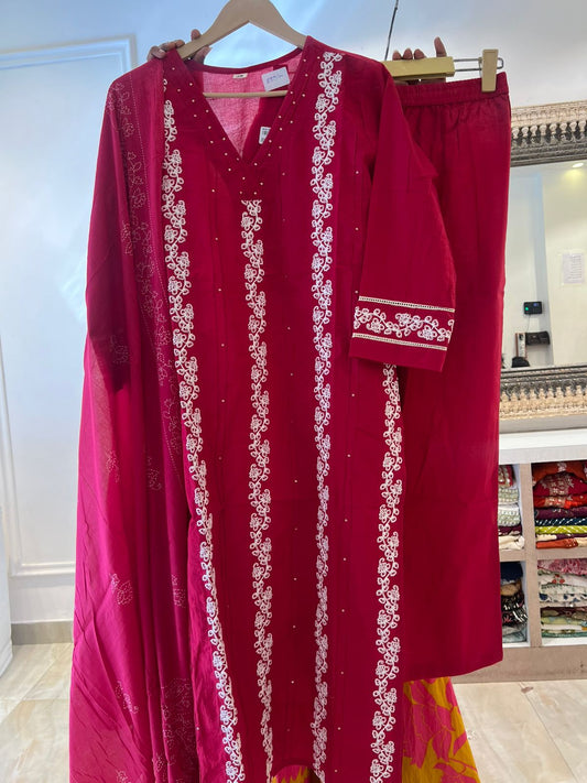 Bright pure cotton fully thread work three piece set (A996)