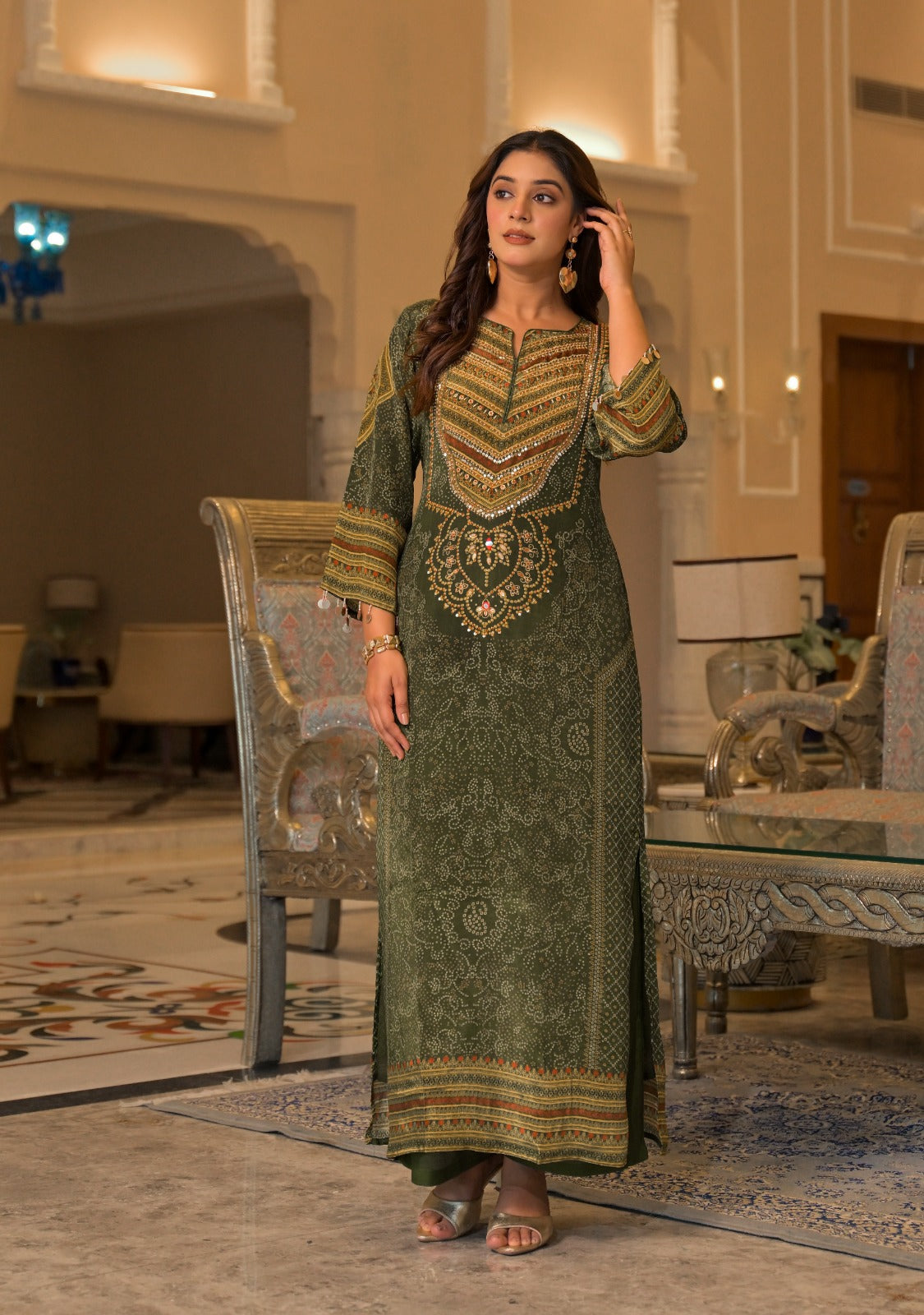 Natural crape with lining pakistani pattern two piece cordset length 54 inch (S306)