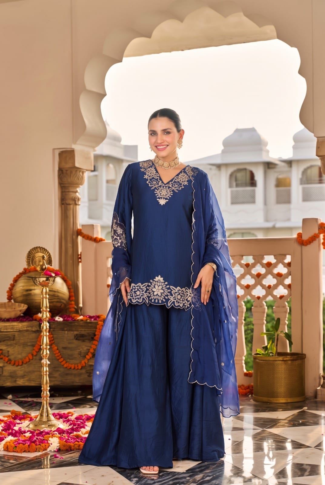 Santoori silk with wide flared plazo mul cotton lining three piece set (S437)