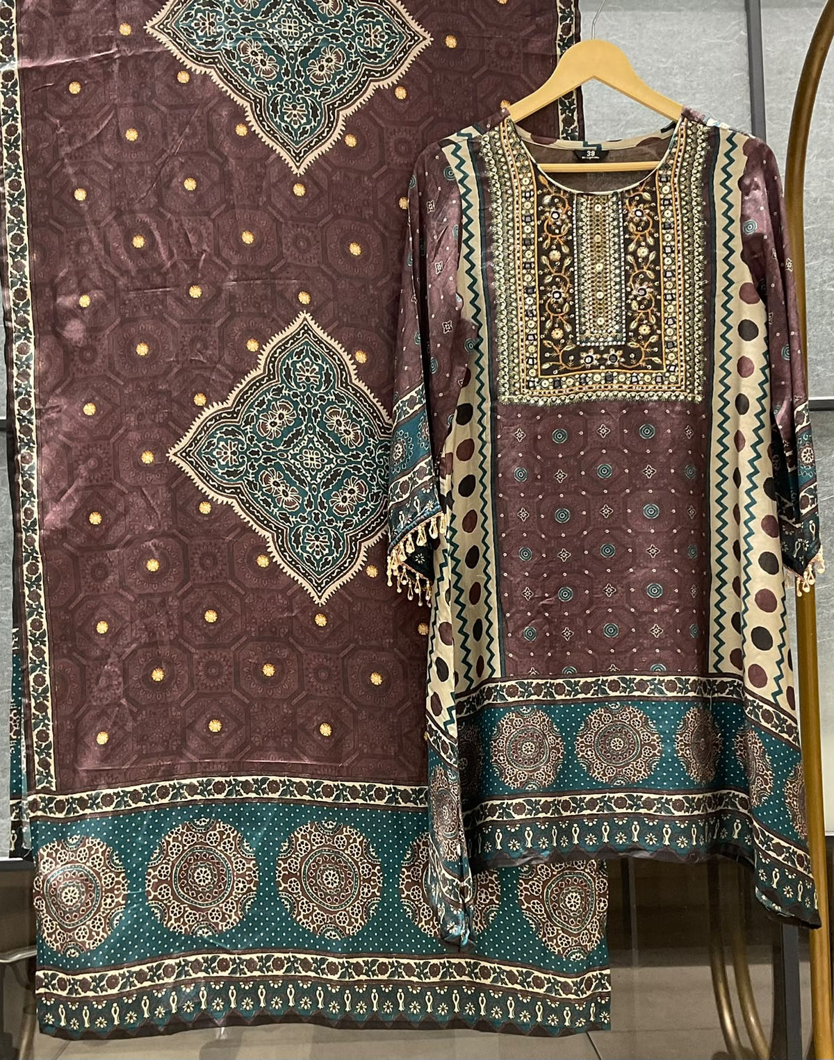 Pure crape Ajrakh print smart three piece set (C702)
