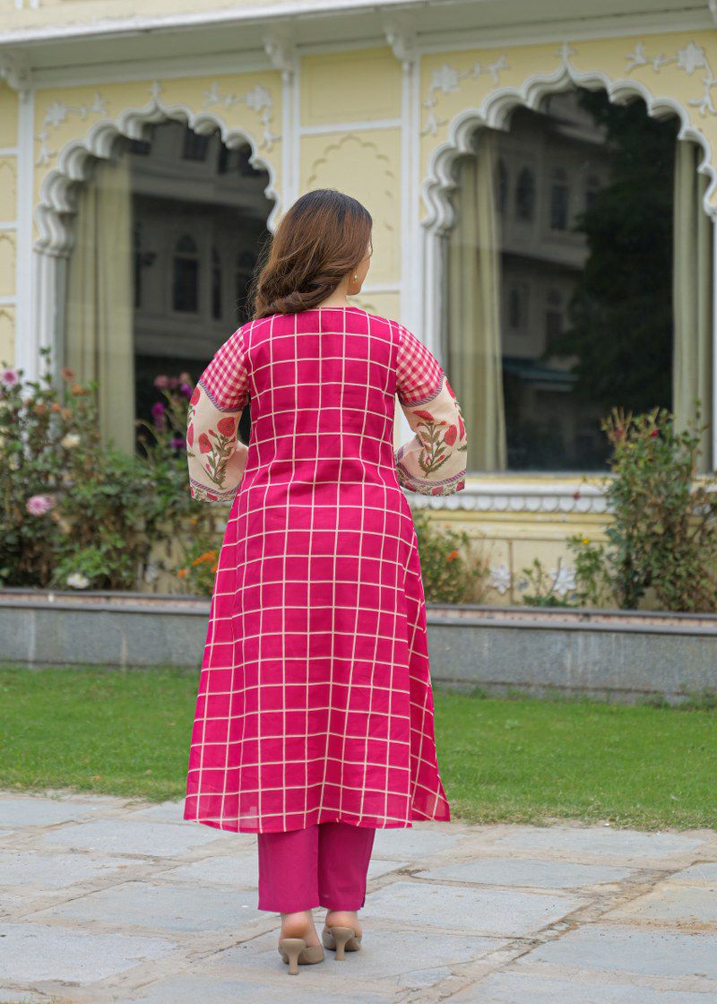 Pink mul cotton with lining A line pattern smart two piece set (S134)