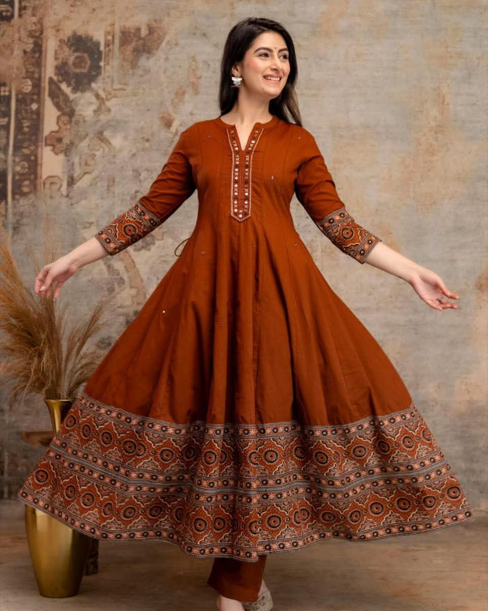 Pure cotton flared anarkali three piece set (B670)