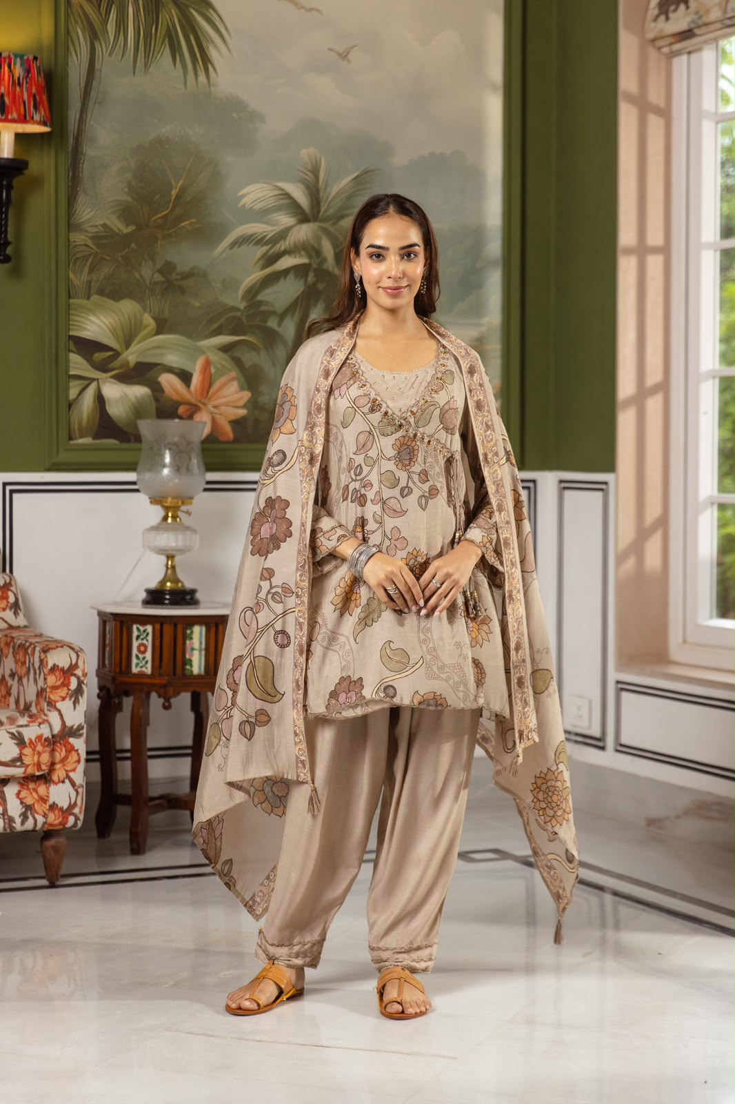 Pure muslin kalamkari print three piece set with farshi salwar (C749)