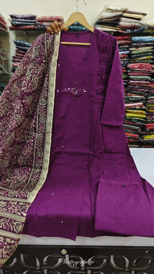 Purple pure cotton Angrakha pattern with kalamkari dupatta three piece set (B866)