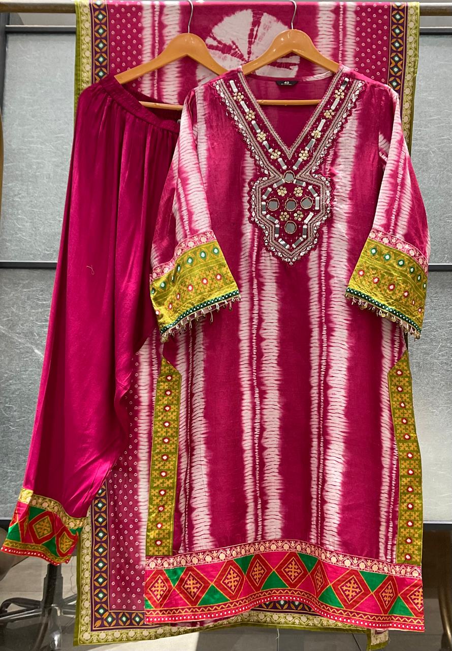 Russian silk with lining real mirror work three piece set (C466)