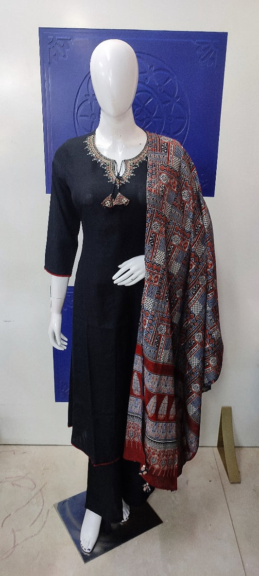 Black cotton modal with kalamkari dupatta three piece set (P2174)